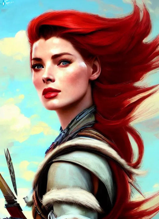 Prompt: A combination of Adriana Dxim and Grace Kelly’s and Ashley Greene's appearance with red hair as Aloy from Horizon Zero Dawn in the style of Assassins Creed, countryside, calm, fantasy character portrait, dynamic pose, above view, sunny day, thunder clouds in the sky, artwork by Jeremy Lipkin and Giuseppe Dangelico Pino and Michael Garmash and Rob Rey and Greg Manchess, very coherent asymmetrical artwork, sharp edges, perfect face, simple form, 100mm