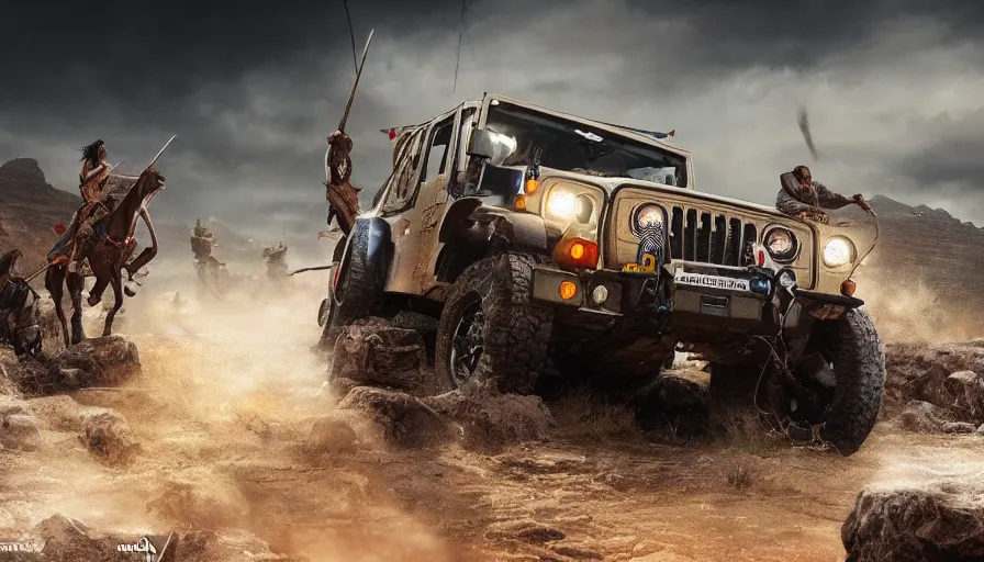 Image similar to Mahindra thar, tribe members attacking, action scene, an epic fantasy, dramatic lighting, cinematic, establishing shot, extremely high detail, photorealistic, cinematic lighting, artstation, by christopher nolan, horizon forbidden west