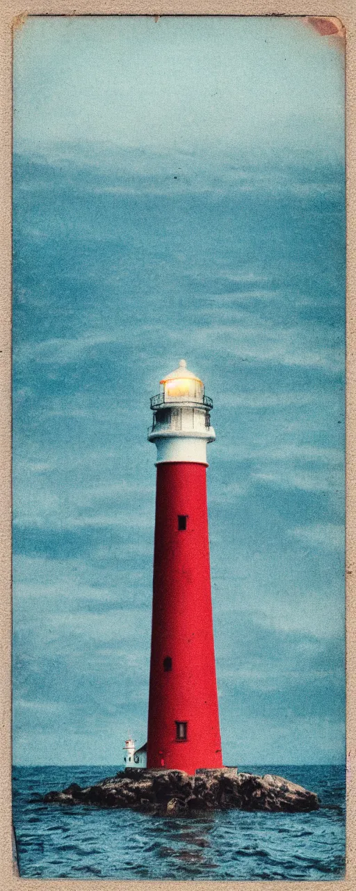 Prompt: Sole lighthouse on small rocky island in violent seas. vintage analog poloroid. warm azure tones, red color bleed, film grain, beautiful, brilliant. Isolation.