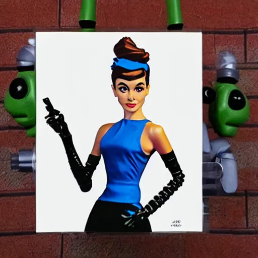 Image similar to audrey hepburn cosplay boston dynamics, stop motion vinyl action figure, plastic, toy, butcher billy style