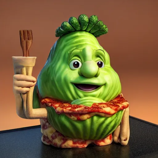 Image similar to cabbage character and king with crown, cooking pizza in a wood fired oven, highly detailed 3 d render, funny, pixar