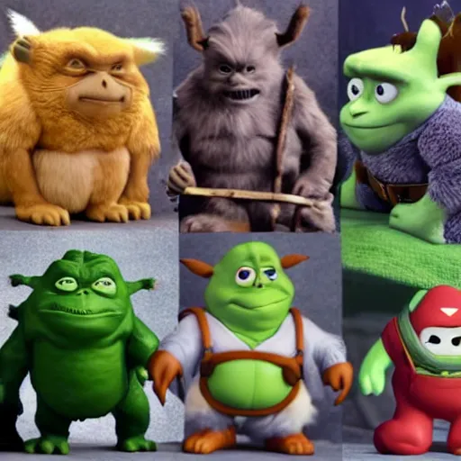 Image similar to ryan reynolds godzilla yoda donkey kong pikachu yeti shrek super mario homer groot waluigi darth vader mike wazowski, highly detailed, extremely high quality, hd, 4 k, 8 k, professional photographer, 4 0 mp, lifelike, top - rated, award winning, cinematic, realistic, detailed lighting, detailed shadows, sharp, no blur, edited, corrected, trending