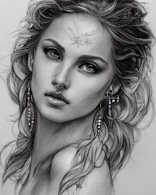 Image similar to tattoo sketch of beautiful greek goddess aphrodite with arrowhead earrings, beautiful piercing eyes, flowing blonde hair, realistic face, hyper realistic, in the style of greg rutkowski, fantasy, amazing detail, epic, intricate, elegant, smooth, sharp focus