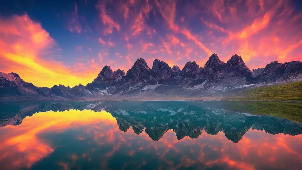 Image similar to amazing landscape photo of mountains with lake in sunset by marc adamus, beautiful dramatic lighting