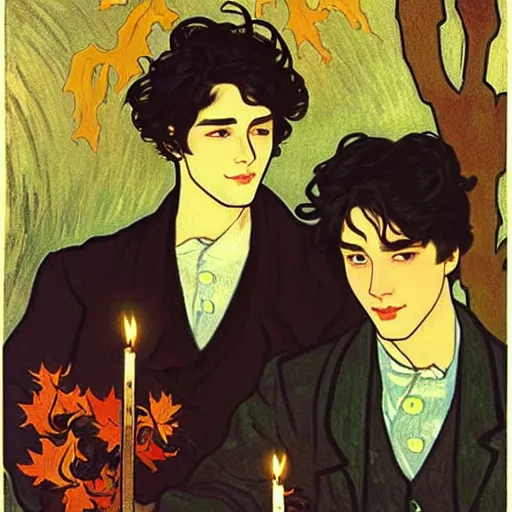 Image similar to painting of young cute handsome beautiful dark medium wavy hair man in his 2 0 s named shadow taehyung and cute handsome beautiful min - jun together at the halloween! party, bubbling cauldron!, candles!, smoke, autumn! colors, elegant, wearing suits!, clothes!, delicate facial features, art by alphonse mucha, vincent van gogh, egon schiele