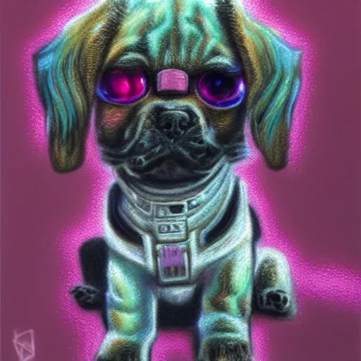 Prompt: Highly detailed pastel painting of a chibi puppy, detailed cyberpunk glitchcore synthwave art, trending on ArtStation