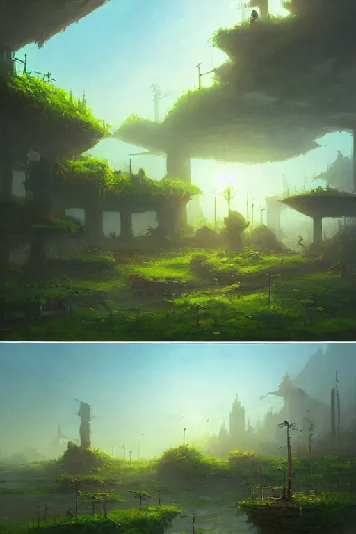 Image similar to solarpunk landscape,, andreas rocha style