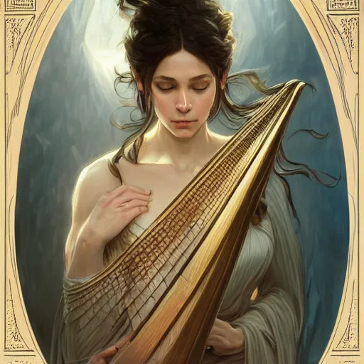 Image similar to a strange harp, d & d, fantasy, intricate, elegant, highly detailed, digital painting, artstation, concept art, smooth, sharp focus, illustration, art by artgerm and greg rutkowski and alphonse mucha