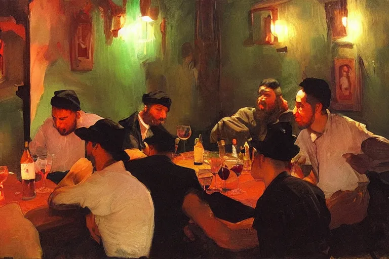 Prompt: cholos drinking brutal and raw wine, inside a tiny green room with red lights by joaquin sorolla, greg rutkowski, bill sienckiwicz, extremely detailed