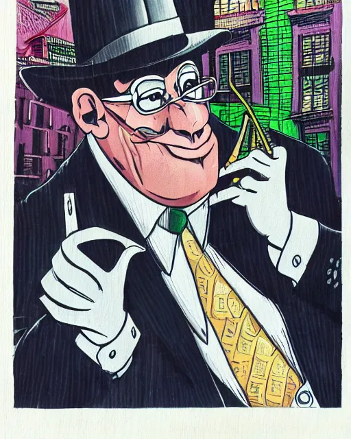 Image similar to portrait, center focus, sinister smug male antagonist in suit, uptown finance city street, artwork by ralph bakshi