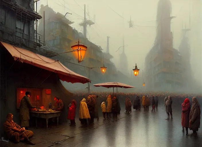 Prompt: waiting in line for cold soup by gil elvgren and tom bagshaw marc simonetti and quint buchholz, slums, highly detailed, hyperrealism, dreary, cold, cloudy, grey, smog, high contrast, solarpunk