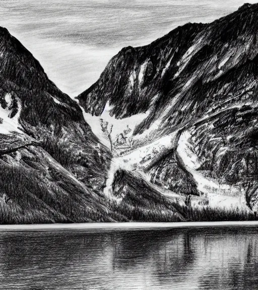 Image similar to a drawing of lago di sorapis, in the style of den yakovlev, black and white, hyper realistic, highly detailed