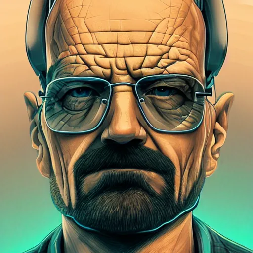 Image similar to high quality illustration, walter white realistic portrait, cyberpunk colors, vaporwave, retro, neotrad, lois van baarle, moebius, league of legend, arcane style