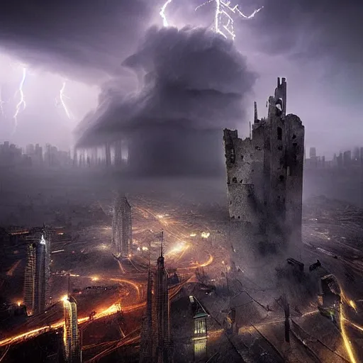 Image similar to a destroyed city with a big tower in the middle covered in mist, lightning bolts hitting the buildings, by michal karcz