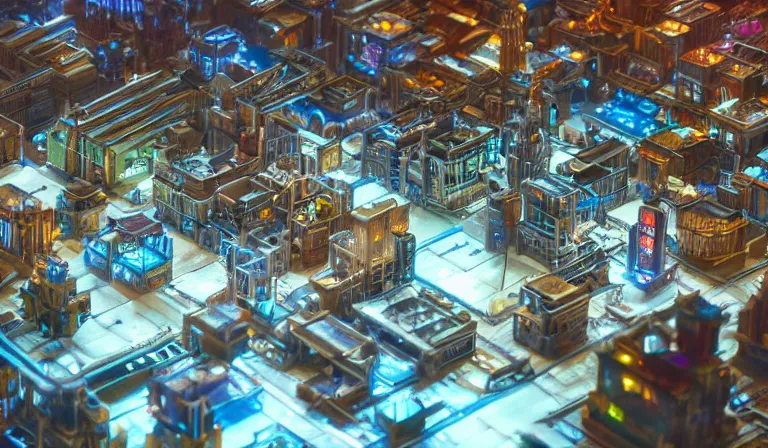 Image similar to large group people in open warehouse, looking at hologram of futuristic city on a table, cinematic concept art, godrays, golden hour, natural sunlight, 4 k, clear details, tabletop model buildings, center model buildings, hologram center, crane shot, crane shot, crane shot, godrays