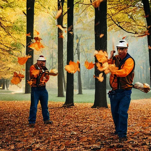 Image similar to men with leaf blowers fighting the falling leaves in a forest, detailed face, CANON Eos C300, ƒ1.8, 35mm, 8K, medium-format print