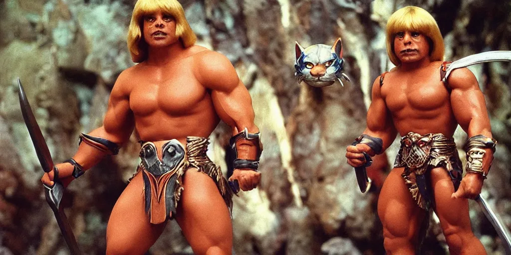 Image similar to he - man and battle cat, full body, symmetrical features, color photo, 1 9 8 5 photograph, kodachrome, aged paper, sergio leone, master prime lenses, cinematic
