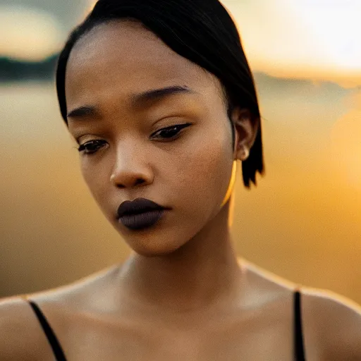 Prompt: portrait face of a beautiful gorgeous black edgy model girl with short hair, bikini, she's sad, sunset, street of hong kong, 8 0 mm lens, 1. 2 aperture, grainy image, close up, cinematic light, 8 k, 4 k, very detailed, depressing atmosphere, cover magazine