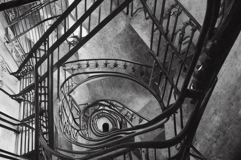 Prompt: Hogwarts stairwell, looking up,by MC Escher ,black and white