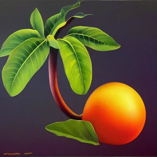 Image similar to artwork of a mangosteen in the style of vladimir kush