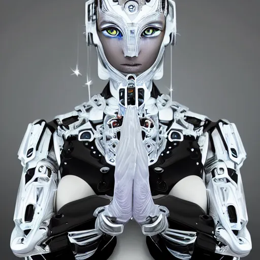 Image similar to beautiful centered fine art photo portrait of graceful girl with solarpunk mecha humanoid parts with led lights, serpentine pose gesture, photorealistic, white background, highly detailed and intricate, soft box lighting, shallow depth of field hdr 8 k