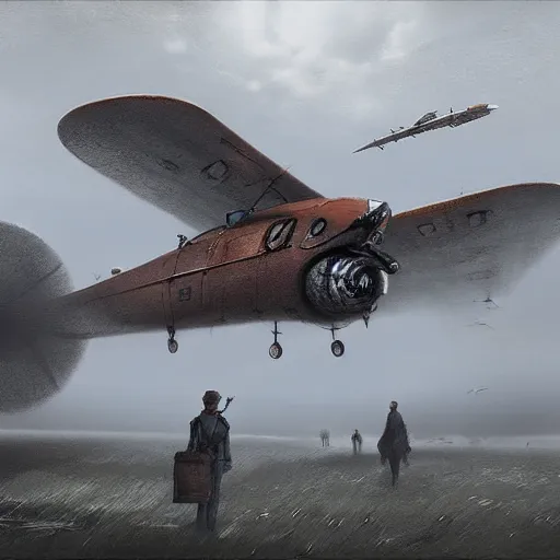 Image similar to huge steampunk aircraft, sky,, dense fog, jakub rozalski