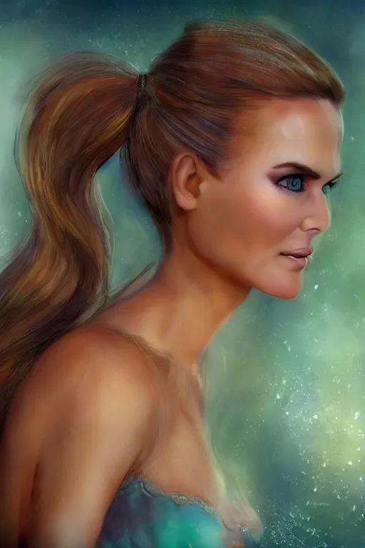 Image similar to mix of beautiful young maria shriver, mariel hemmingway, brooke shields, nicole kidman and elle macpherson as a mermaid, thin lips, hair tied up in a pony tail, darke blonde hair, colorful, artstation, cgsociety