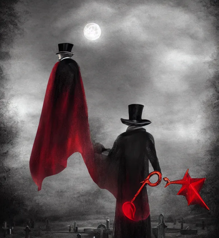 Image similar to a mysterious man in a cemetery on a full moon night wearing a top hat that hides!! his face and a beautiful black and red cape while holding a poseidon trident, digital art. digital painting, moonlight, detailed.