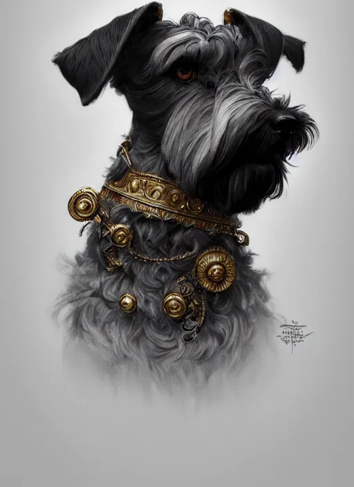 Prompt: portrait of stoic looking miniature schnauzer, black fir, white eyebrows, fantasy, intricate, elegant, highly detailed, centered, dark, smoke, digital painting, artstation, concept art, smooth, sharp focus, illustration, art by artgerm and greg rutkowski and alphonse mucha