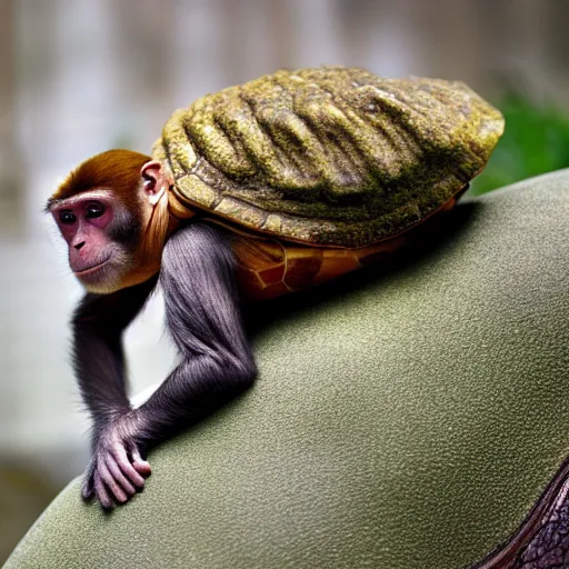 Image similar to a monkey riding on the back of a turtle