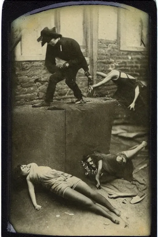 Image similar to man breaking into pieces while a woman tries to hold the fallen parts, surreal, 1 9 1 0 polaroid photo