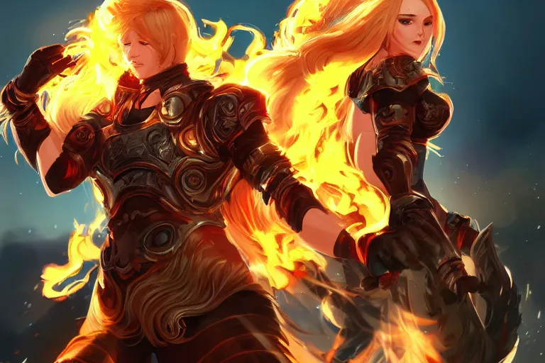 Image similar to Digital art of Lucius with fluffy curly blond hair, wreathed in scintillating flames Genetically engineered super soldier in a scorched land with a black roiling sky. Epic artstation league of legends splash art