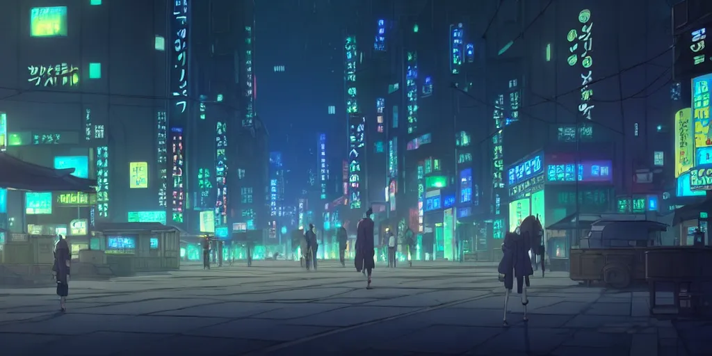 Image similar to a close up of a 'Seoul city' in the atmospheric solarpunk anime film, gouache matte background painting, neon noir, at night with lights, by makoto shinkai, in the anime series ergo proxy, beautiful specular edge highlights and rim lighting