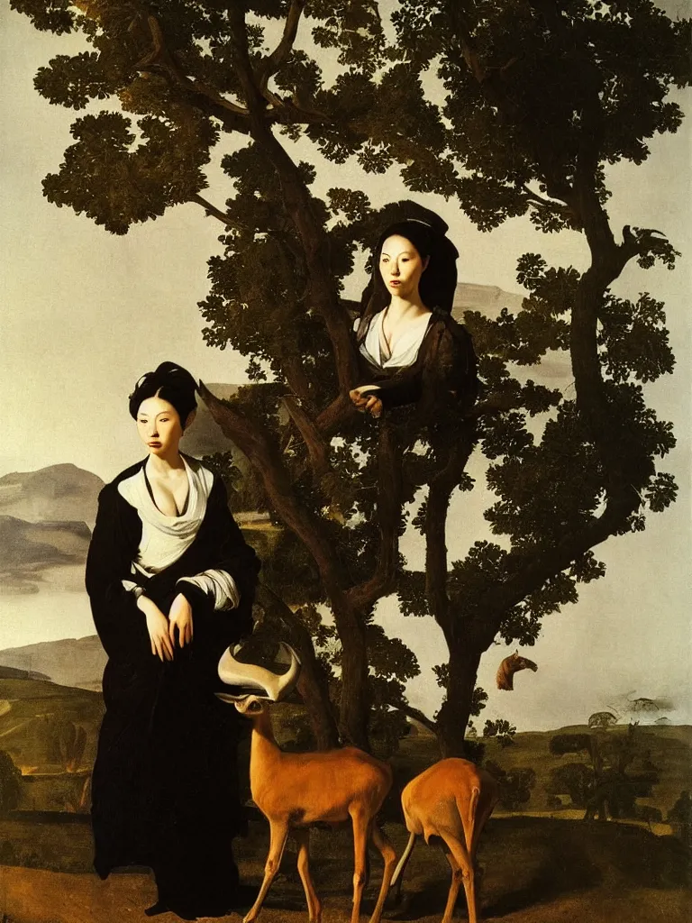 Prompt: Portrait of oriental woman with an antelope. Landscape with trees in the fog. Painting by Caravaggio