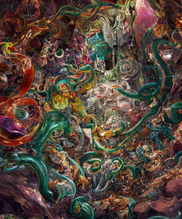 Image similar to hyperdetailed maximalist artwork by billelis inspired by oozium. Artstation. 8k 4k 64megapixels seen from below. Ant's eye perspective. Focus Giant floating alabaster skull drapped over with 1000 twirling emerald snakes. Unreal engine 5. Surreal render. Slightly blurry speedpainted minimal Swiss landscape below in the style of loish and holosomnia. Unrealistic harmonic colors. Sundown.