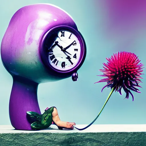 Prompt: juxtaposition dystopian, a purple fish next to a flower, a clock, a green rat, bicycle, smoky, abstract, surrealism