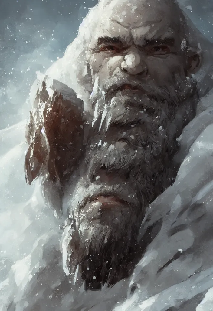 Image similar to portrait of an ice giant, face made of ice and snow, beard, concept art in style of Greg Rutkowski, John Singer Sargant, painted by Frazetta, trending on artstation