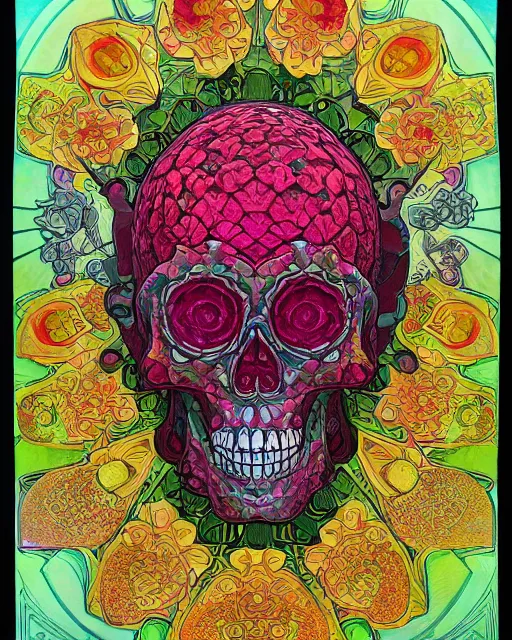 Prompt: Carved ruby skull art surrounded by varities of pineapple, cell shading, voronoi, fibonacci sequence, sacred geometry by Alphonse Mucha, Moebius, hiroshi yoshida, Art Nouveau, colorful, ultradetailed, vivid colour, 3d