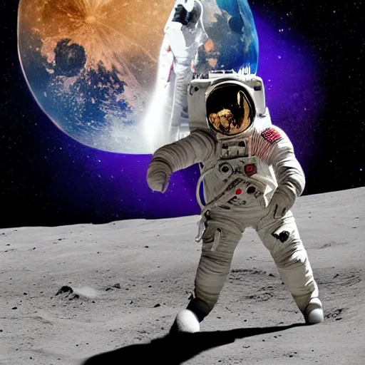 Image similar to an astronaut riding a horse with a unicorn on the moon, nasa image