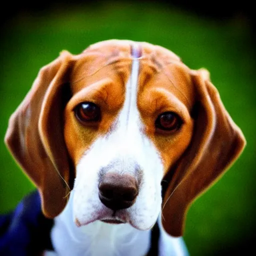 Image similar to “A cartoon of an old Beagle with big exaggerated eyes looks up at the camera sweetly, soft focus, bright colors, high detail”