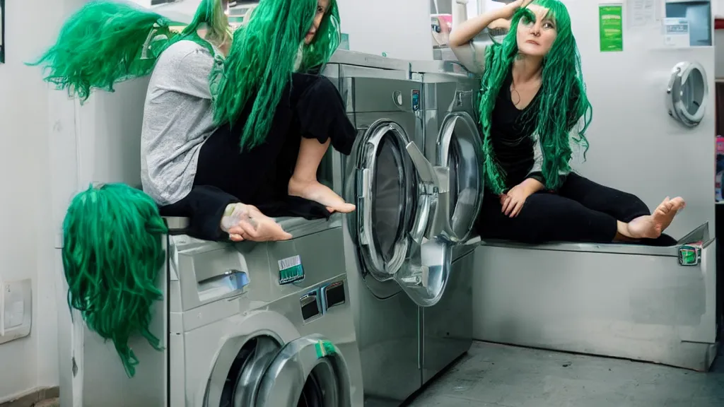 Prompt: a girl with green hair sitting on top of a washing machine in a laundromat