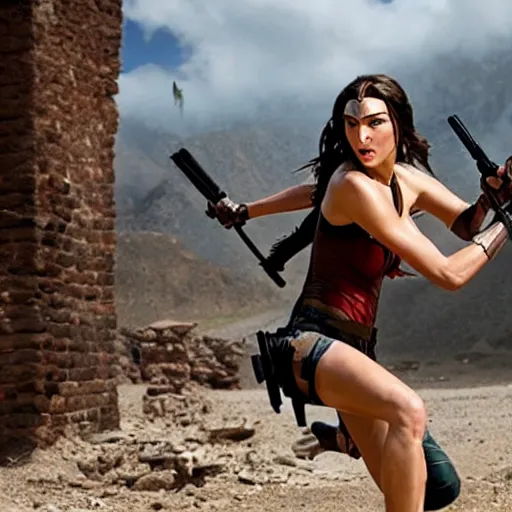 Prompt: a still from a film of Gal Gadot as Lara Croft in a beautiful ancient peruvian town, mid shot, highly detailed face