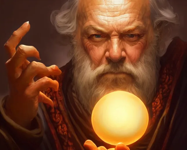 Prompt: old man creating a glowing orb, deep focus, d & d, fantasy, intricate, elegant, highly detailed, digital painting, artstation, concept art, matte, sharp focus, illustration, hearthstone, art by artgerm and greg rutkowski and alphonse mucha