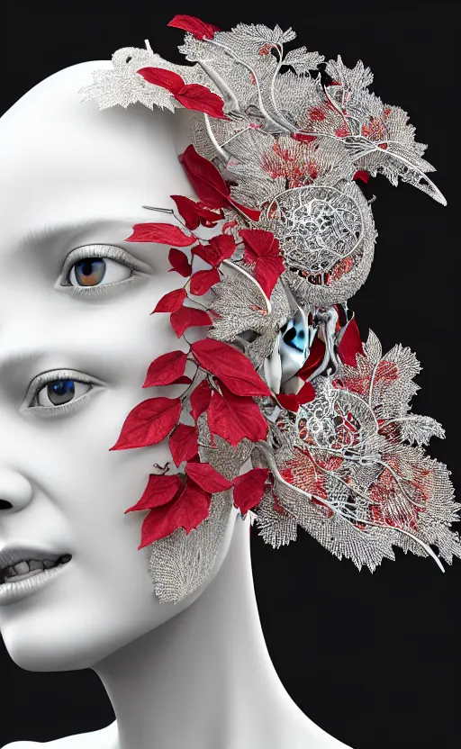 Image similar to complex 3d render ultra detailed of a beautiful porcelain profile woman face, mechanical cyborg, 150 mm, beautiful 3 point lighting, rim light, silver gold red details, luxurious magnolia with leaves and stems, roots, Alexander Mcqueen haute couture, fine foliage lace, mesh wire, filigran intricate details, hyperrealistic, mandelbrot fractal, anatomical, robotic parts, facial muscles, cable electric wires, microchip, elegant, octane render, 8k post-processing