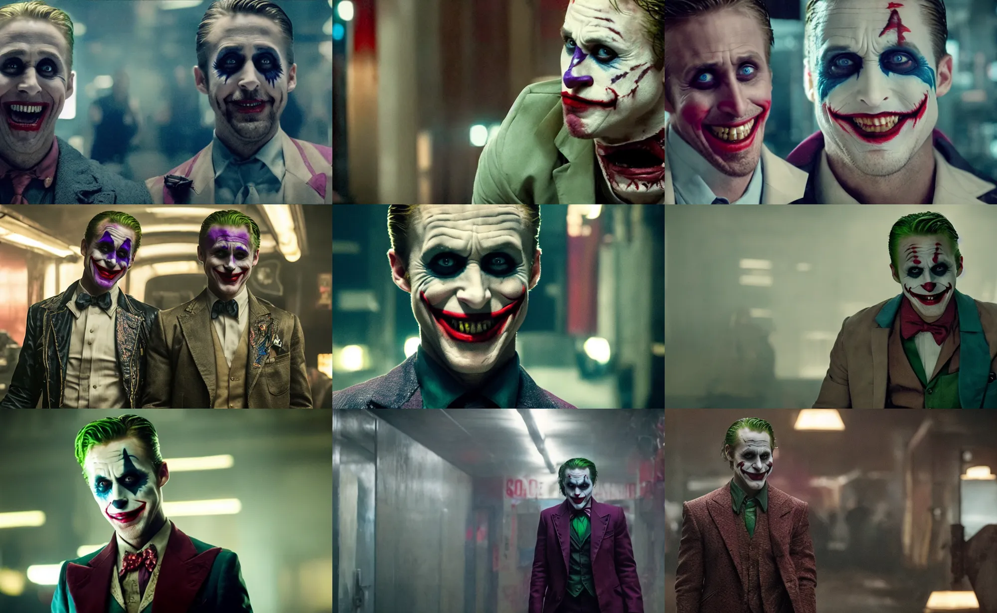 Prompt: ryan gosling as the joker in suicide squad ( 2 0 1 6 ) directed by david ayer, cinematography by roman vasyanov, movie stills )