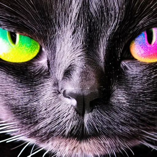 Image similar to a photo of a black cat with rainbow glitter, highly detailed, photorealistic, f 2. 8, in - frame