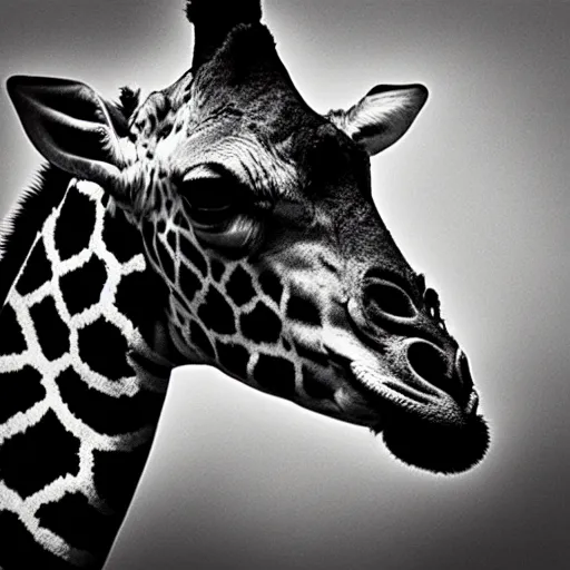 Prompt: a black and white portrait photo of a giraffe. very detailed