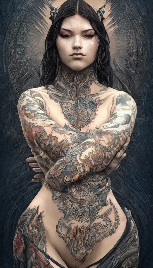 Image similar to fully tattooed girl, shaman clothing, ritual, fame of thrones, fibonacci, sweat drops, insane, intricate, highly detailed, surrealistic, digital painting, artstation, concept art, smooth, sharp focus, illustration, unreal engine 5, 8 k, art by artgerm and greg rutkowski and alphonse mucha