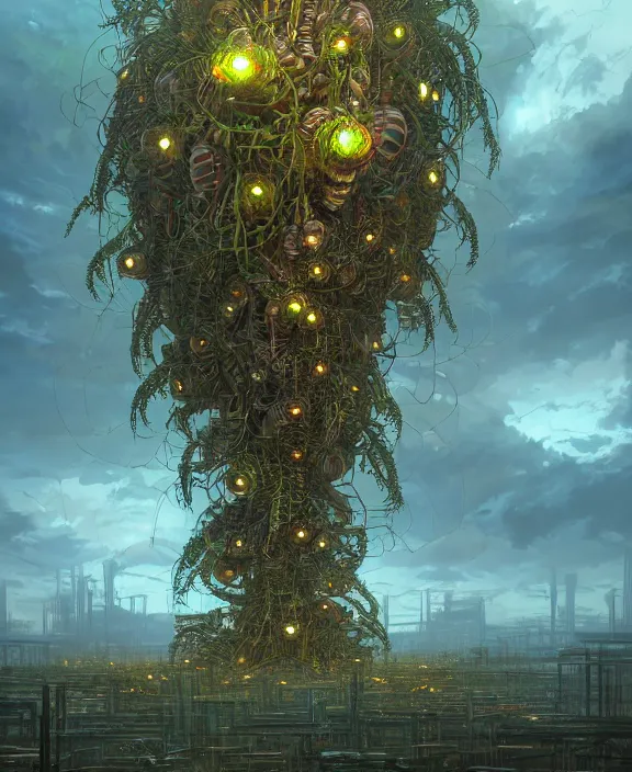 Image similar to a giant weird industrial plant made out of isopod dragonflies, in the style of a strange asymmetrical spaceship, overgrown with disturbing orchids, godbeams, partly cloudy, somber, dramatic lighting, by dan mumford, yusuke murata, makoto shinkai, ross tran, cinematic, unreal engine, cel shaded, featured on artstation, pixiv