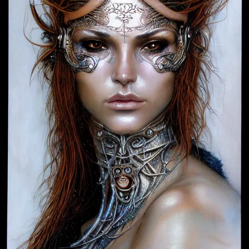 Prompt: an award finning closeup facial portrait by alan lee, luis royo and john howe of a bohemian female cyberpunk traveller clothed in excessively fashionable 8 0 s haute couture fashion and wearing ornate art nouveau body paint